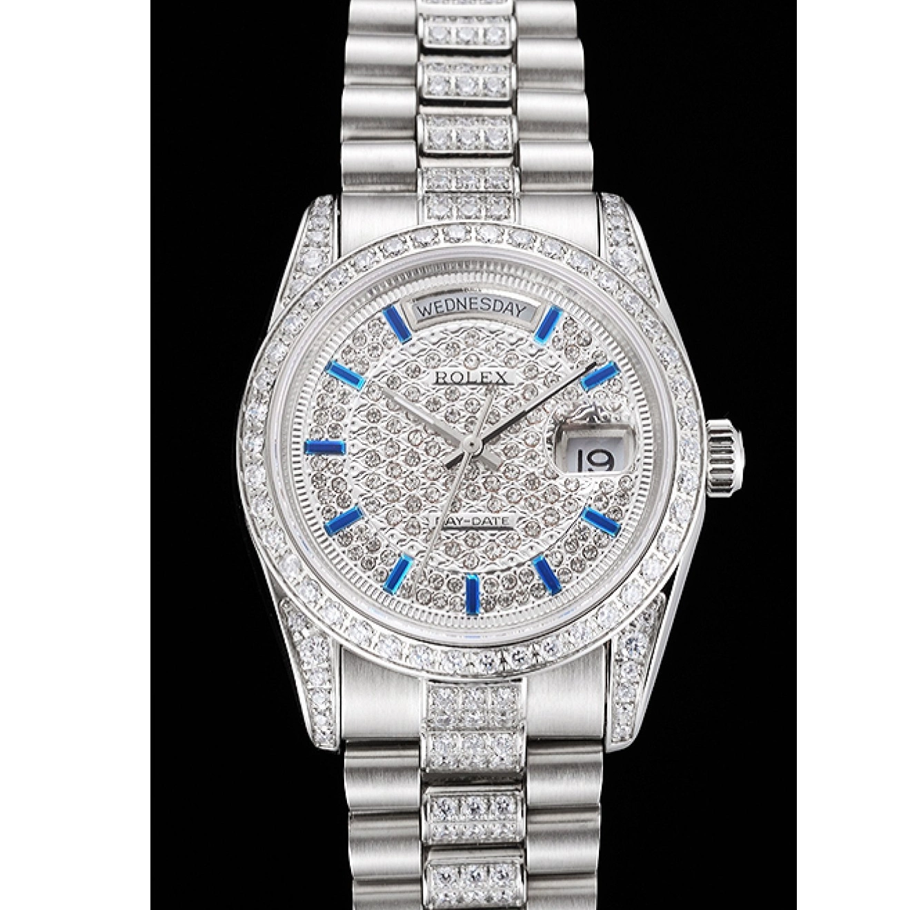 Rolex aaa copy Bezel Diamond And Steel Stainless Rolex Day Pave And Bracelet Swiss Dial Date 0608